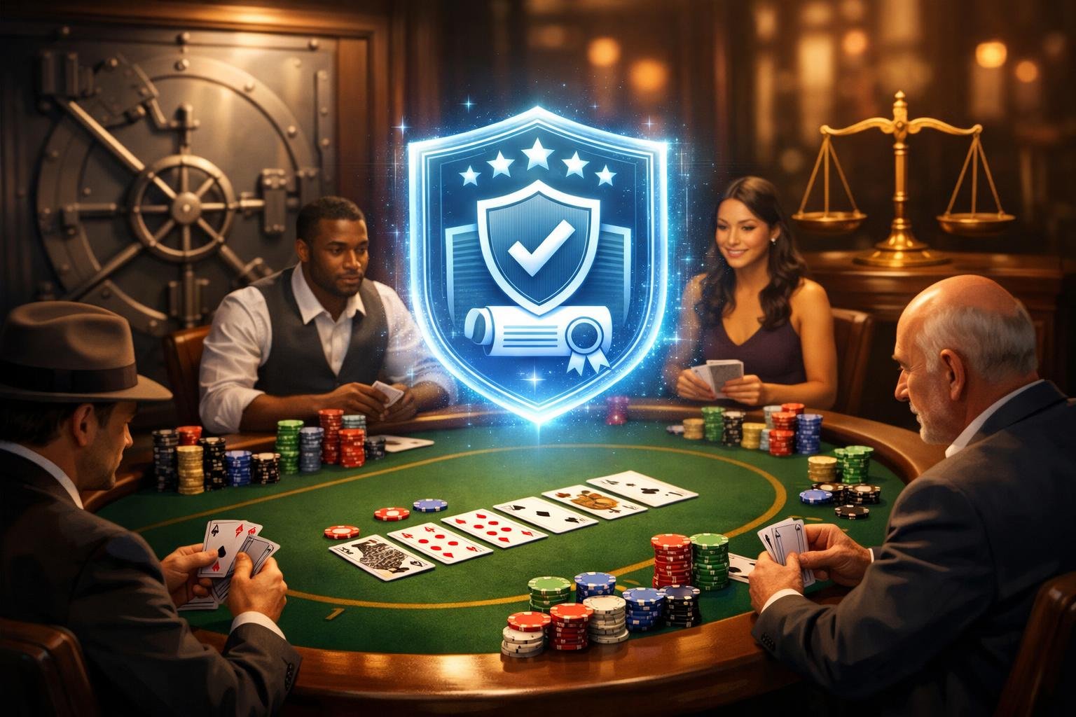 A Poker Table With Cards And Chips, A Glowing Certificate Above It, Players Focused On The Game, And Symbols Of Fairness And Security In The Background.