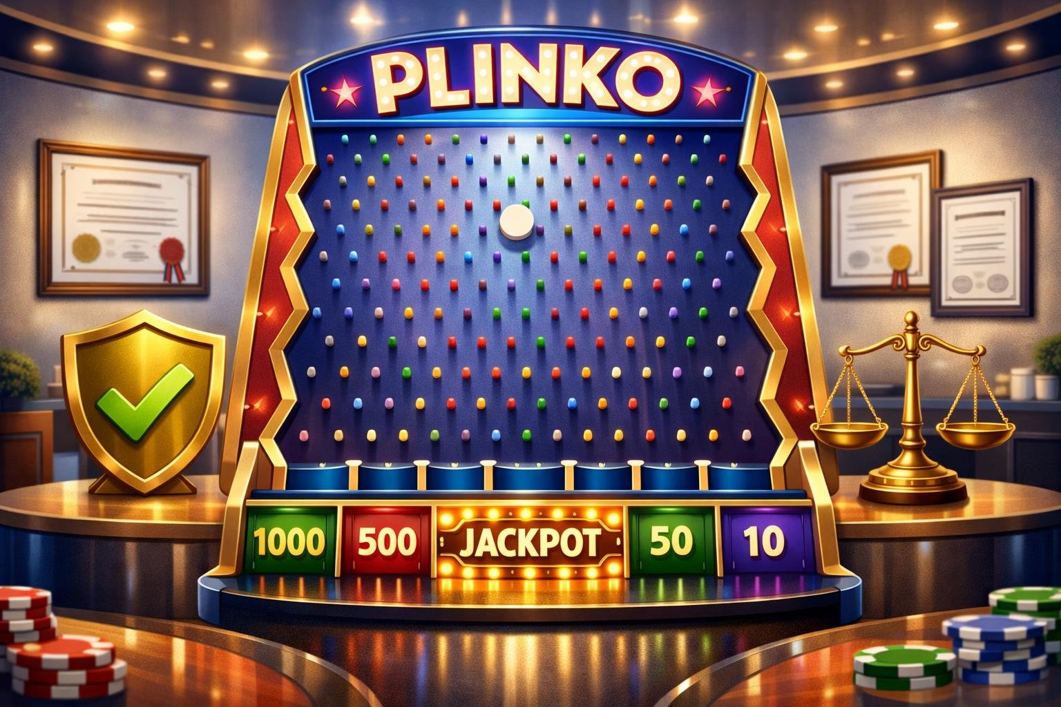 A Plinko Casino Game Board With Colorful Pegs And Prize Slots, Accompanied By Symbols Of Licensing And Fairness Like A Shield, Balanced Scale, And Certificates In The Background.