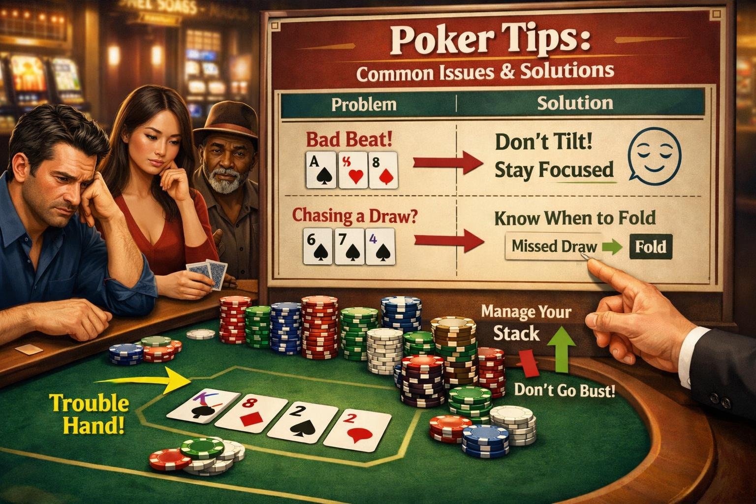 A Poker Table With Cards, Chips, And Players Focused On Solving Game Challenges, With A Dealer Pointing To A Strategy Guide.