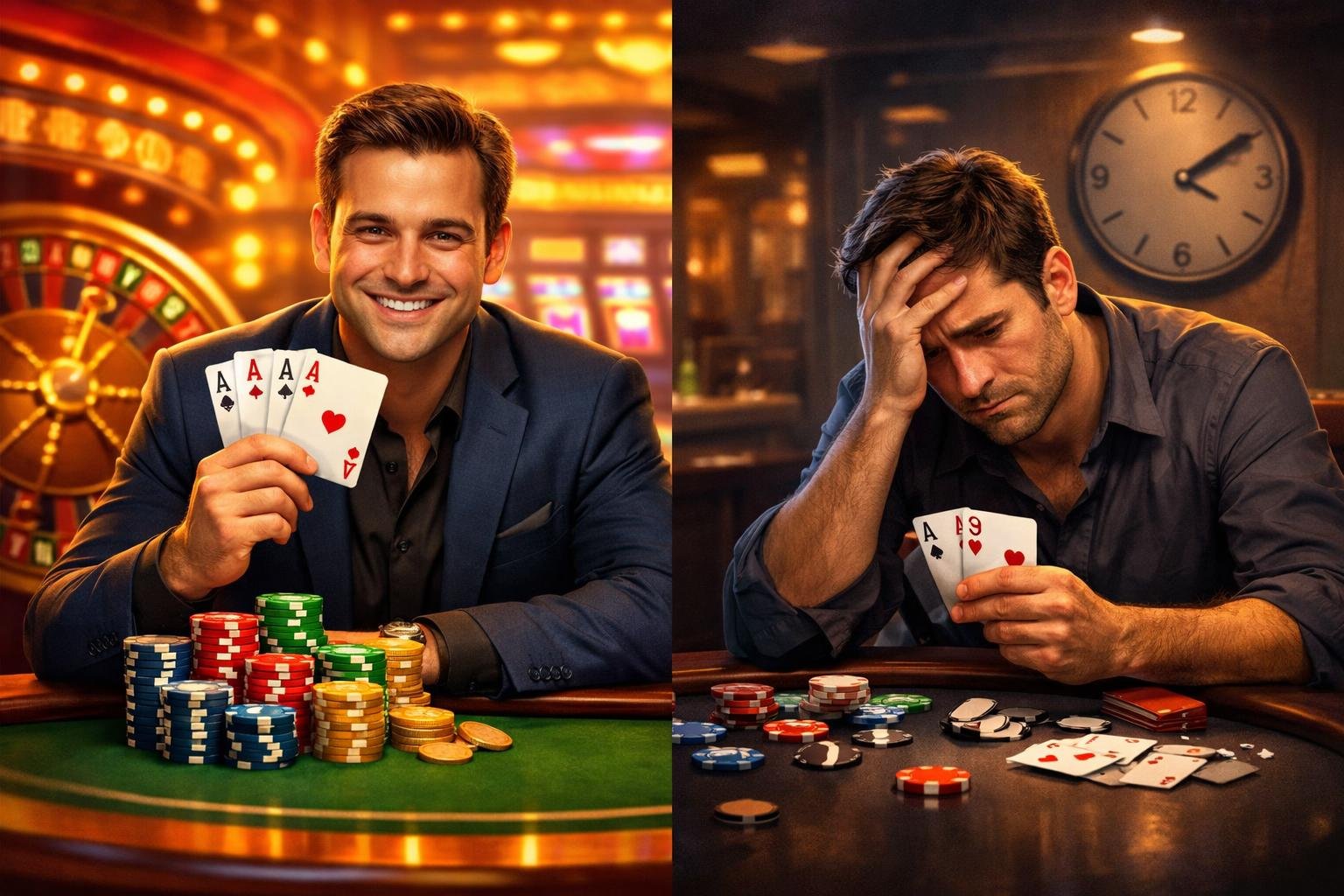 A Casino Scene Showing Two Poker Players, One Happy With Winning Cards And Chips, The Other Worried With Losing Cards And Fewer Chips, Illustrating The Pros And Cons Of Playing Poker.