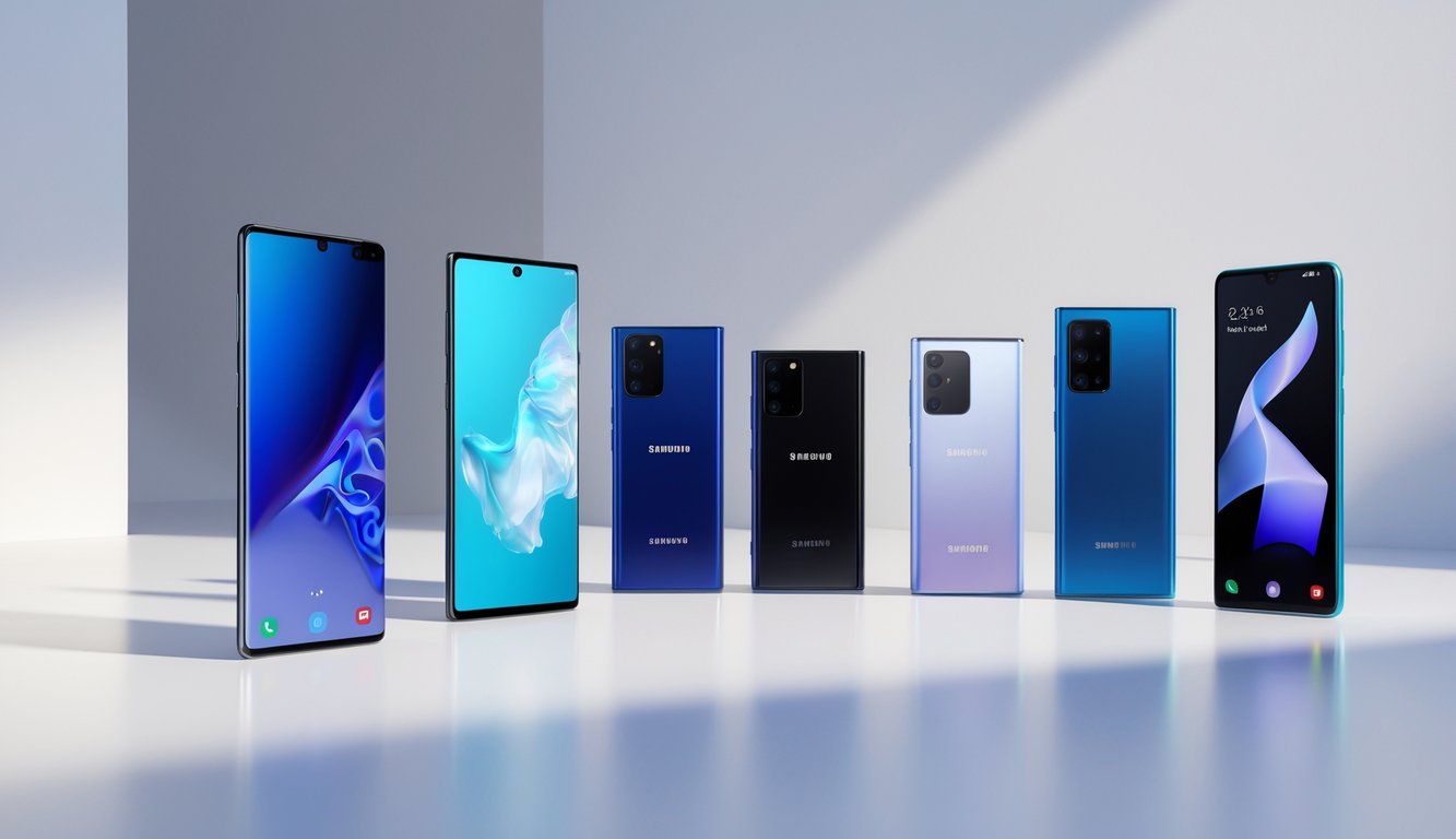 Beberapa ponsel Samsung Galaxy dari seri S, Note, A, M, dan Z yang ditata rapi di atas permukaan putih.