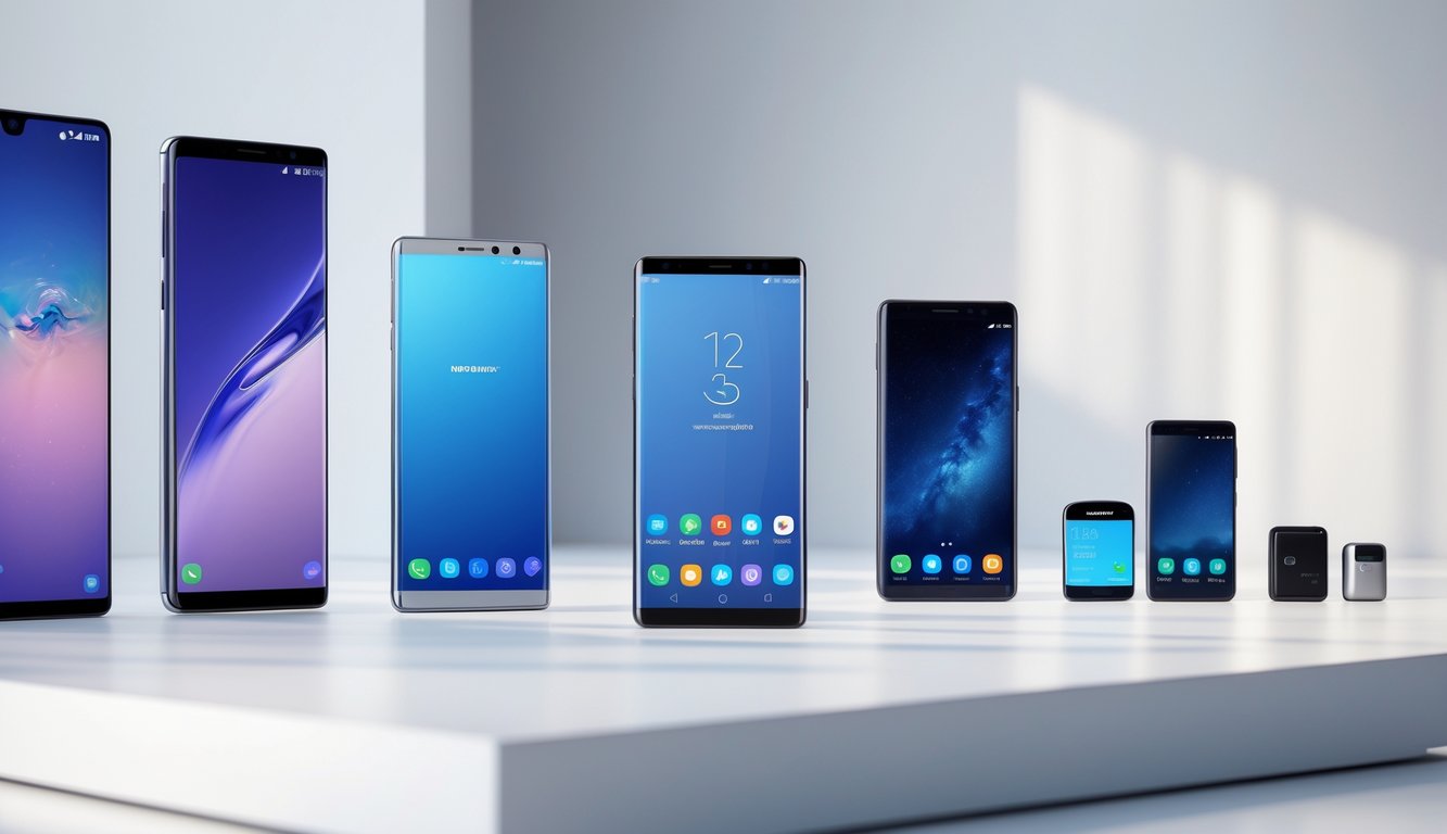 Beberapa ponsel Samsung Galaxy dari seri S, Note, A, M, dan Z tersusun rapi di atas permukaan putih dengan pencahayaan alami.