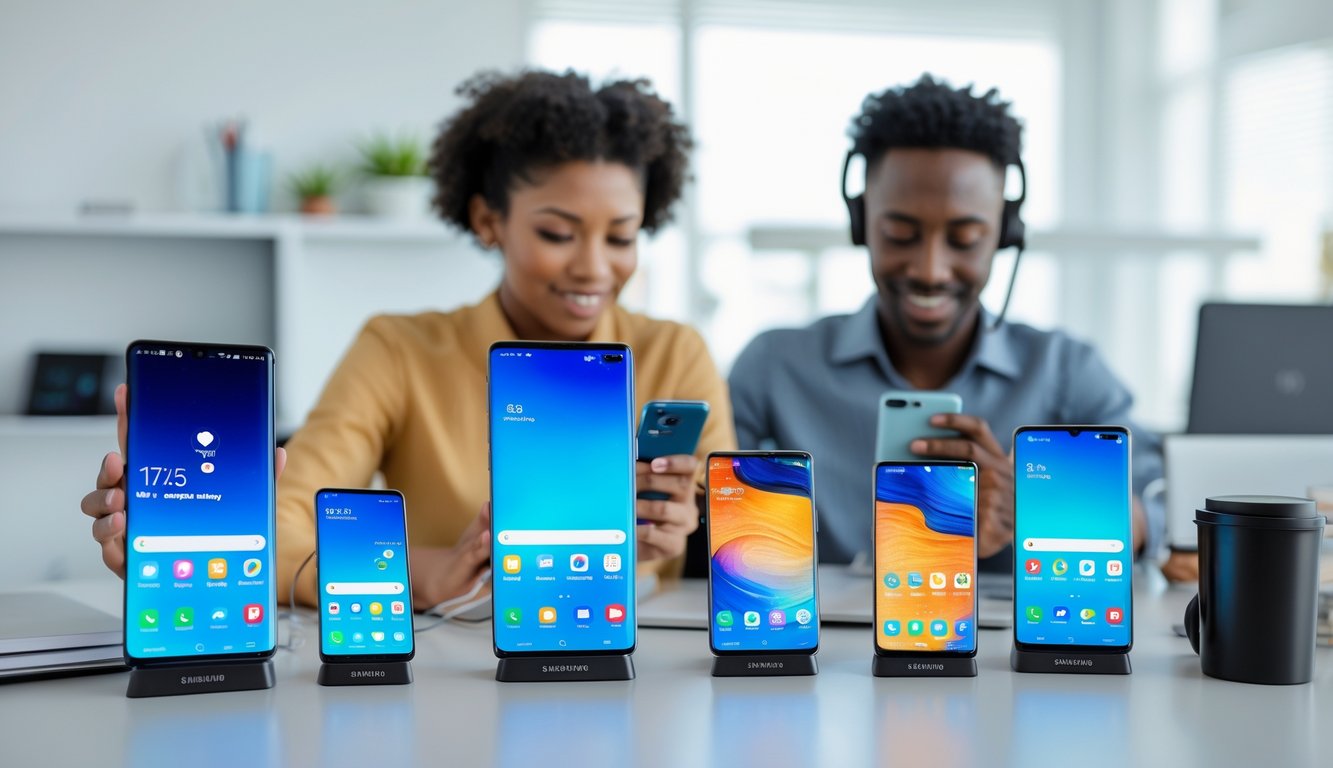 Seorang pelajar dan profesional menggunakan beberapa ponsel Samsung di meja kerja yang rapi dengan latar belakang ruang belajar atau kantor yang terang.