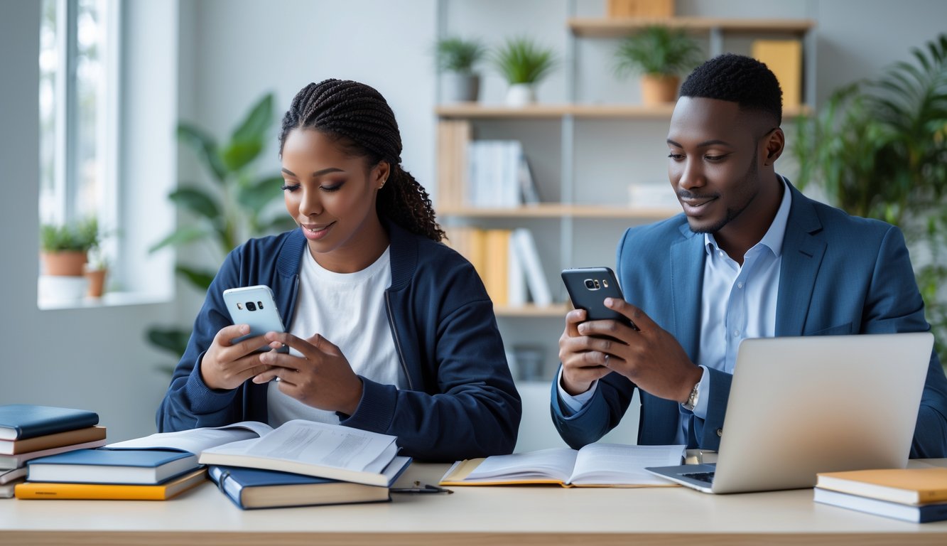Dua orang, seorang pelajar dan seorang profesional, menggunakan ponsel Samsung di ruang kerja yang terang dan rapi dengan laptop dan buku di sekitar mereka.