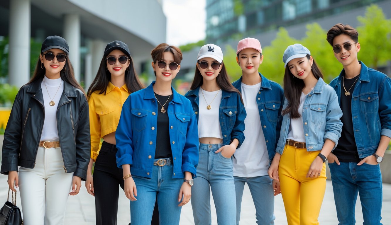 Sekelompok orang muda mengenakan pakaian kasual modis sedang berdiri di luar ruangan dengan latar belakang kota modern.