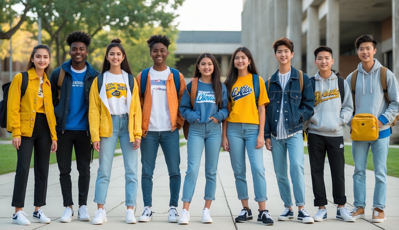 Sekelompok remaja dan mahasiswa mengenakan pakaian modis sedang berpose di luar ruangan di kampus.