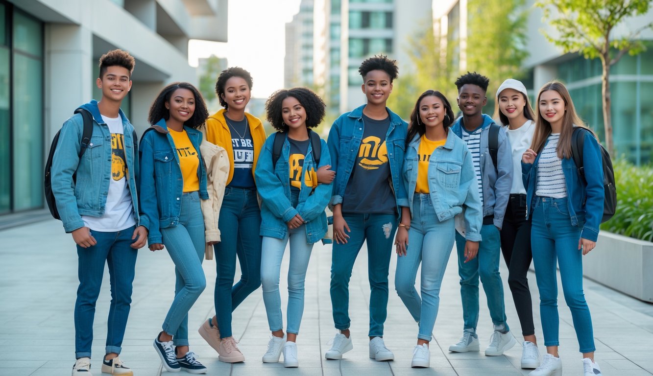 Sekelompok remaja dan mahasiswa berdiri di luar ruangan dengan pakaian modis, tersenyum dan berinteraksi di latar kota modern.