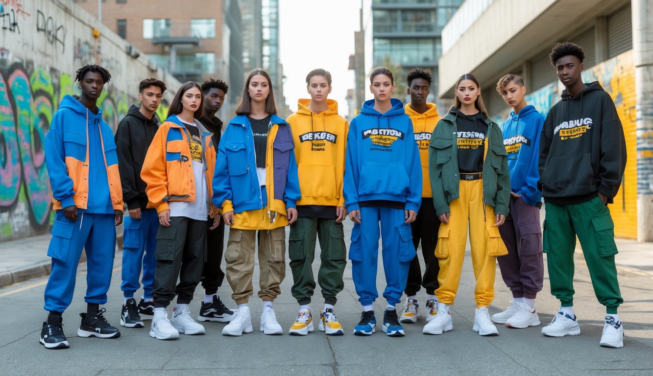 Sekelompok orang muda mengenakan pakaian streetwear sedang berpose di lingkungan perkotaan.