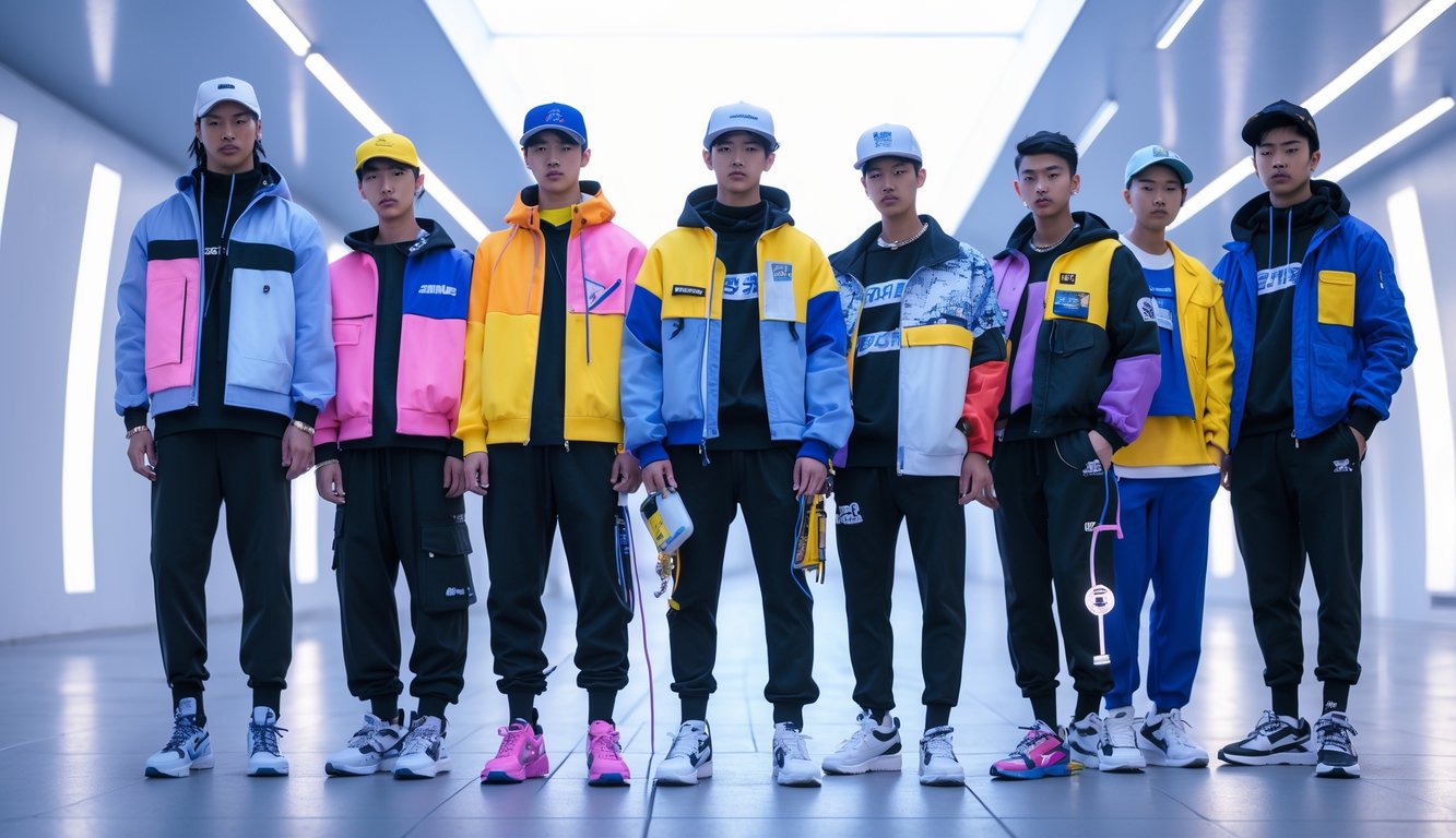 Sekelompok orang muda mengenakan pakaian streetwear modis berdiri di lingkungan kota modern.