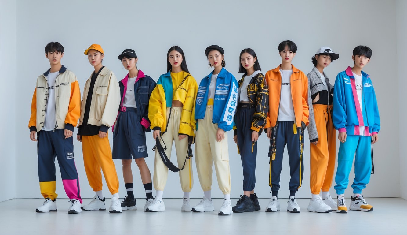 Sekelompok orang muda mengenakan pakaian modis dan unik sedang berpose di studio dengan latar belakang polos.