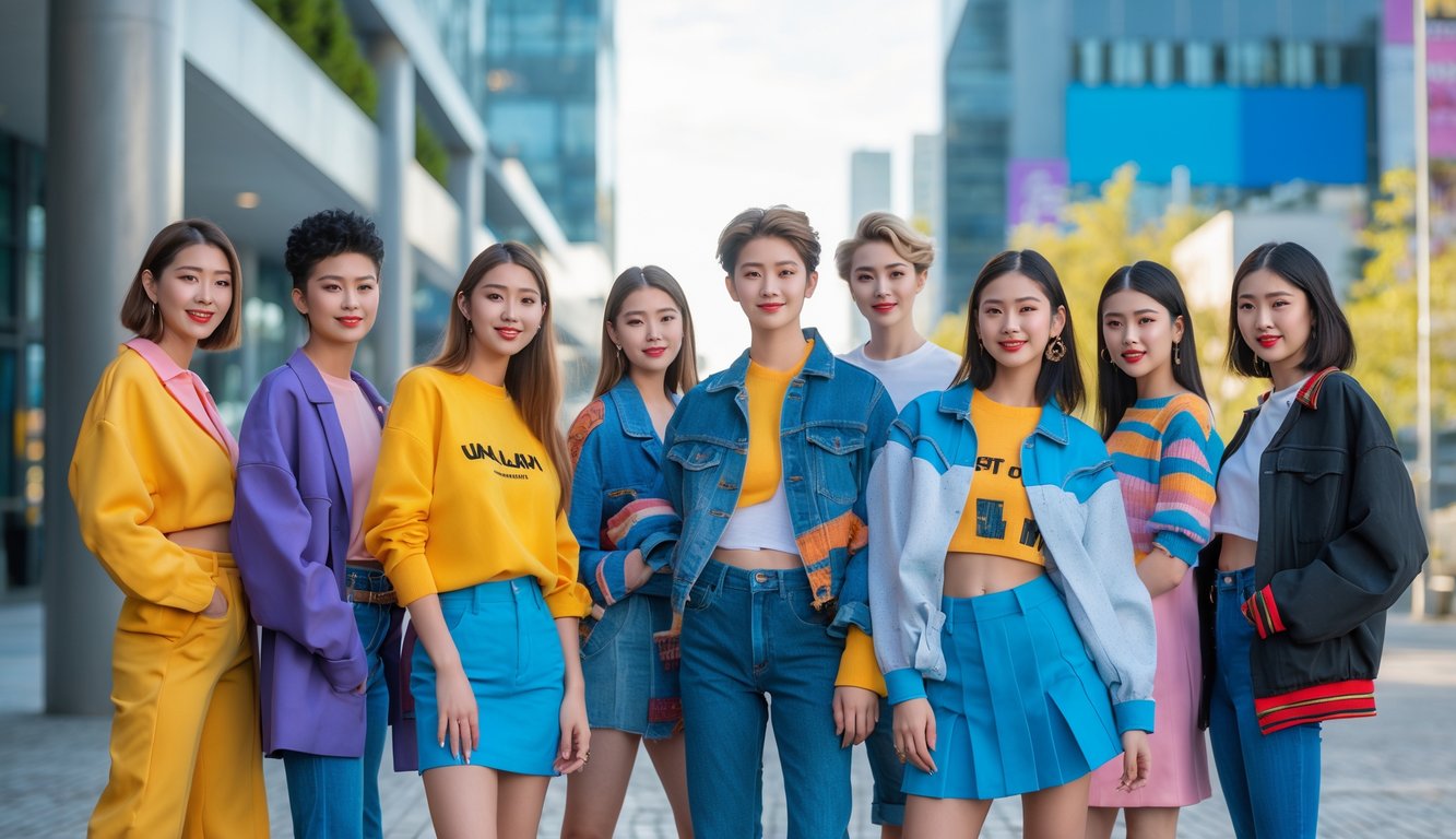 Sekelompok orang muda mengenakan pakaian modis berpose di area perkotaan modern.