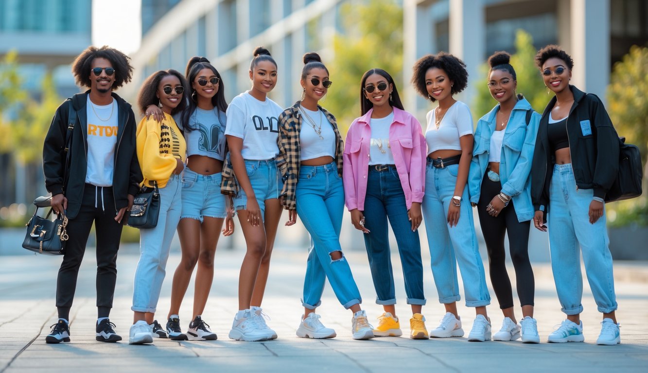 Sekelompok orang muda berpakaian modis sedang berpose bersama di luar ruangan dengan latar belakang kota.