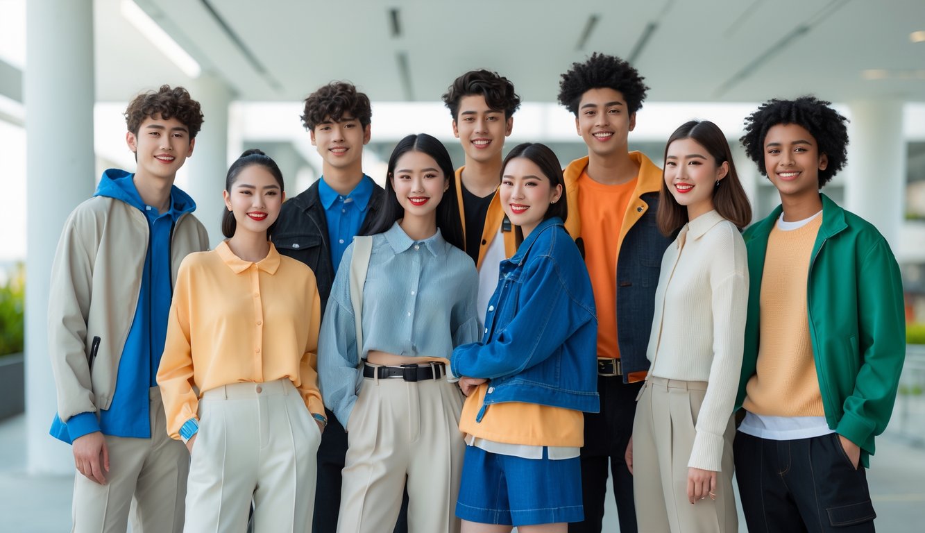 Sekelompok pria dan wanita muda berpakaian modis berdiri di latar kota modern dengan pencahayaan alami.