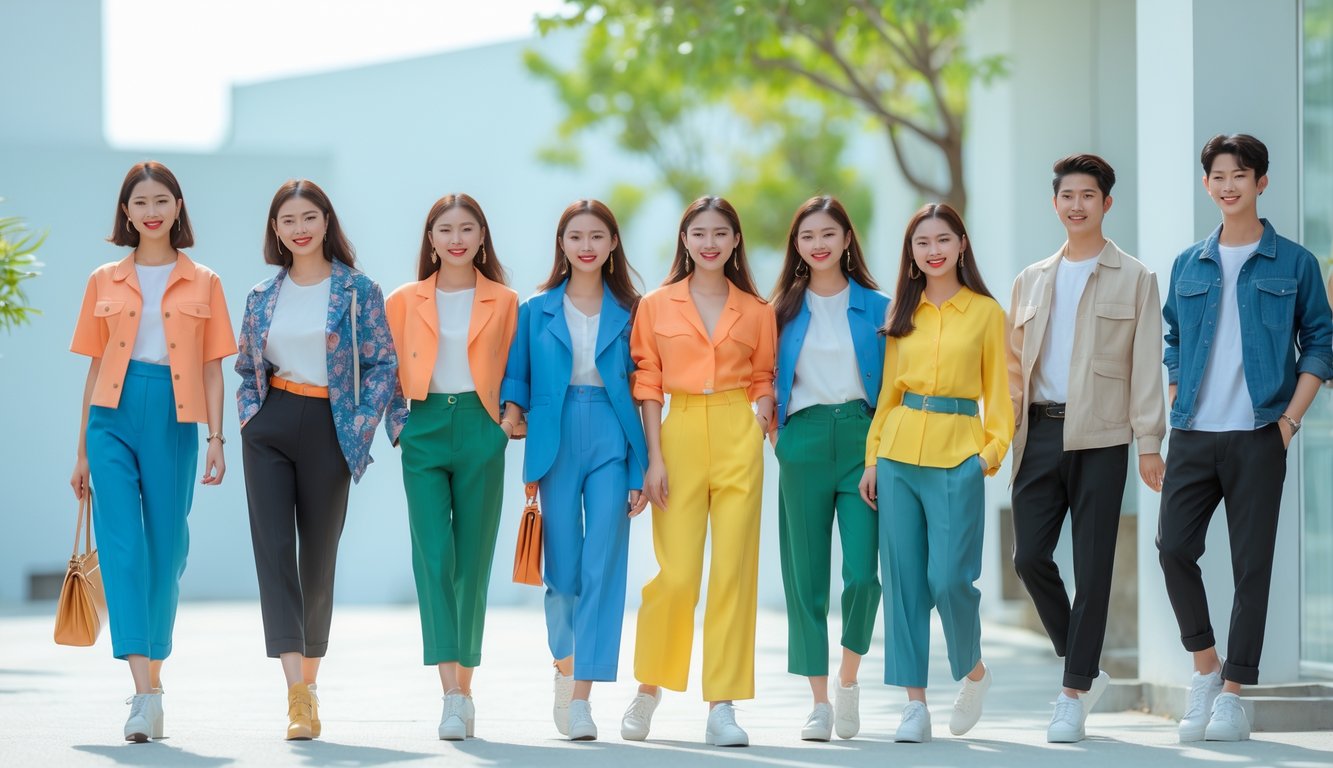 Sekelompok pria dan wanita muda berpakaian modis sedang berpose di luar ruangan dengan latar belakang kota dan tanaman hijau.