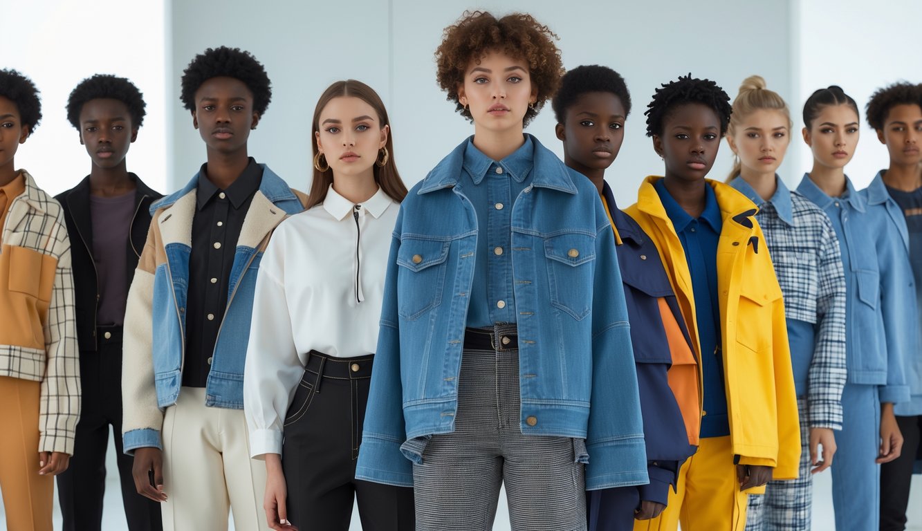 Sepuluh orang muda mengenakan pakaian modis dengan berbagai warna dan desain, berpose di dalam studio yang terang dan bersih.