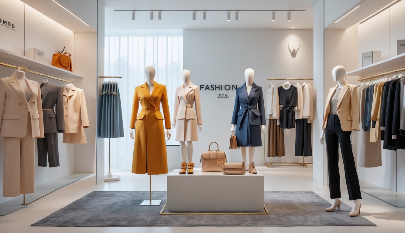 Interior butik mode modern dengan pakaian modis berkualitas tinggi yang dipajang rapi pada manekin dan rak.