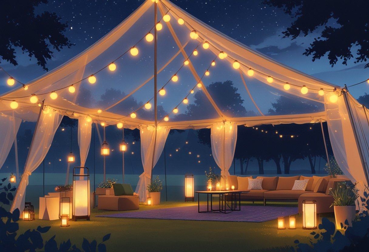 An evening outdoor tent lit with string lights, lanterns, and candles, set in a park with trees and a twilight sky.