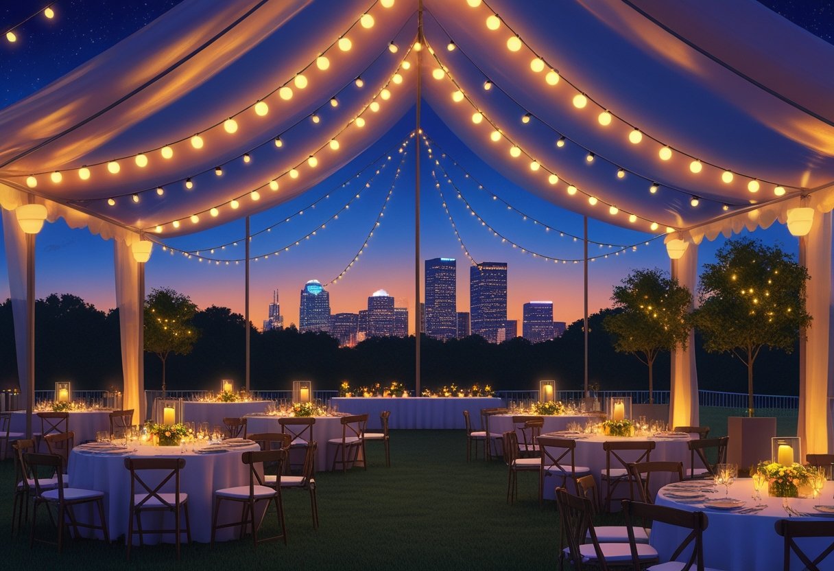 An outdoor evening event under a tent in Houston with various warm lighting options and a city skyline in the background.