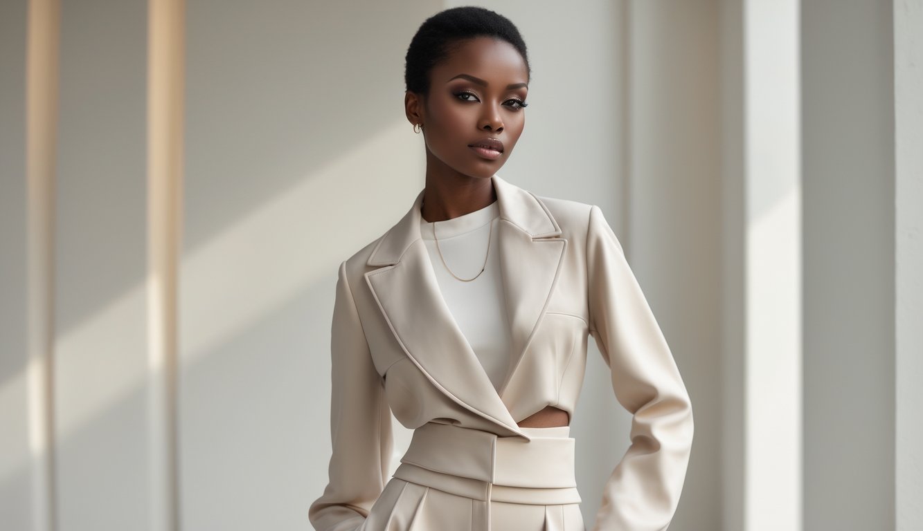 Seorang model muda mengenakan pakaian sederhana dan rapi berdiri dengan latar belakang polos dan pencahayaan alami.