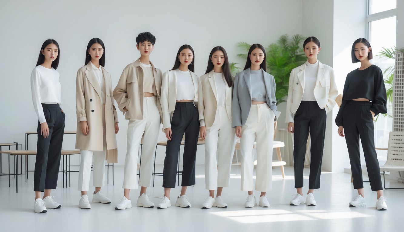 Sekelompok orang muda mengenakan pakaian minimalis modern dengan latar studio terang dan sederhana.