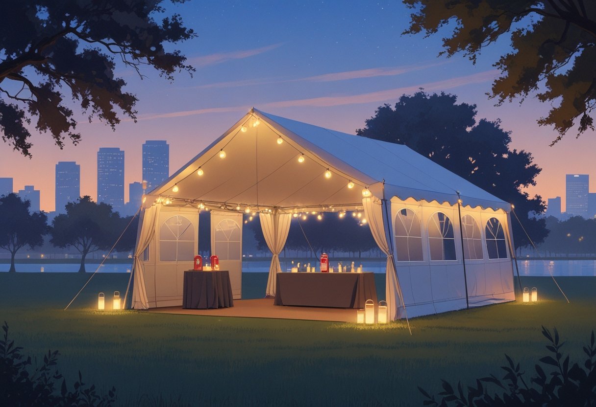 An outdoor evening scene showing a softly lit tent set up in a grassy area with safety equipment nearby and a distant city skyline in the background.