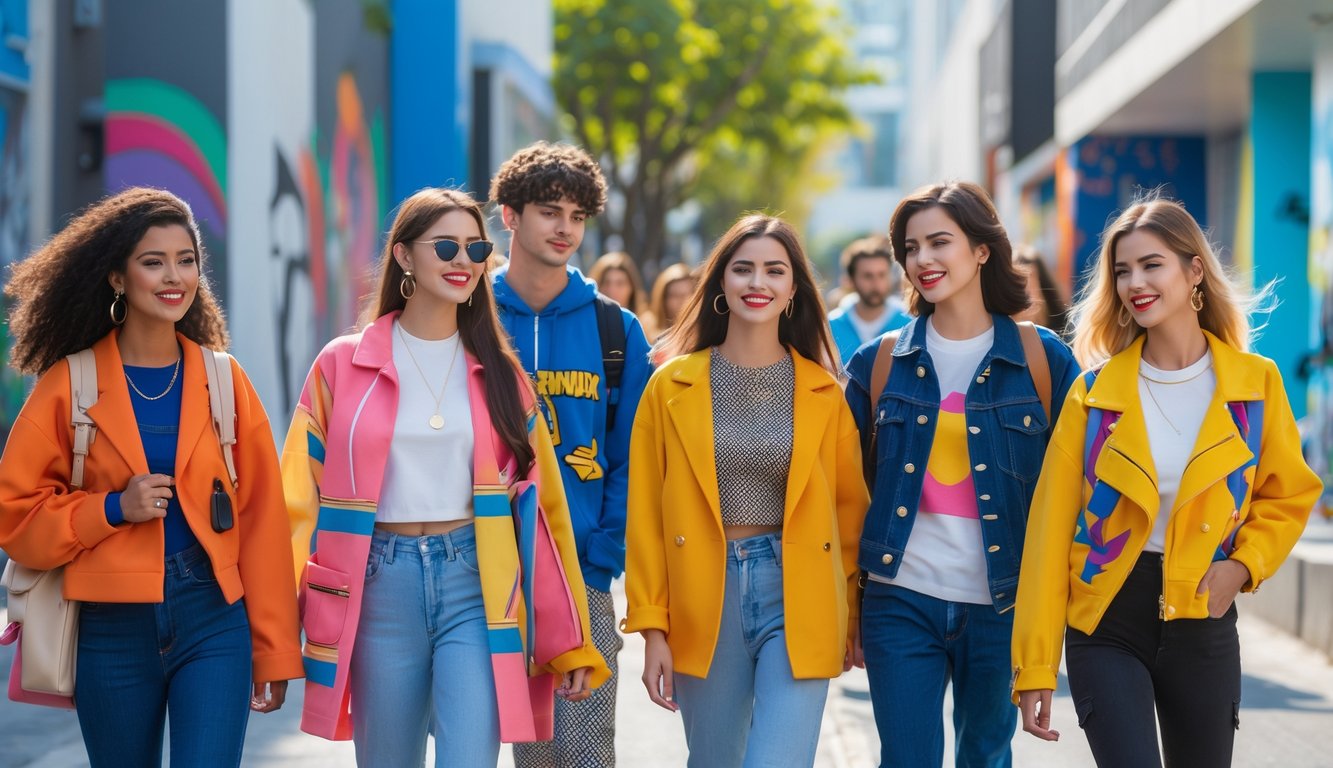 Sekelompok anak muda berpakaian modis sedang berjalan dan berinteraksi di jalan kota yang ramai.
