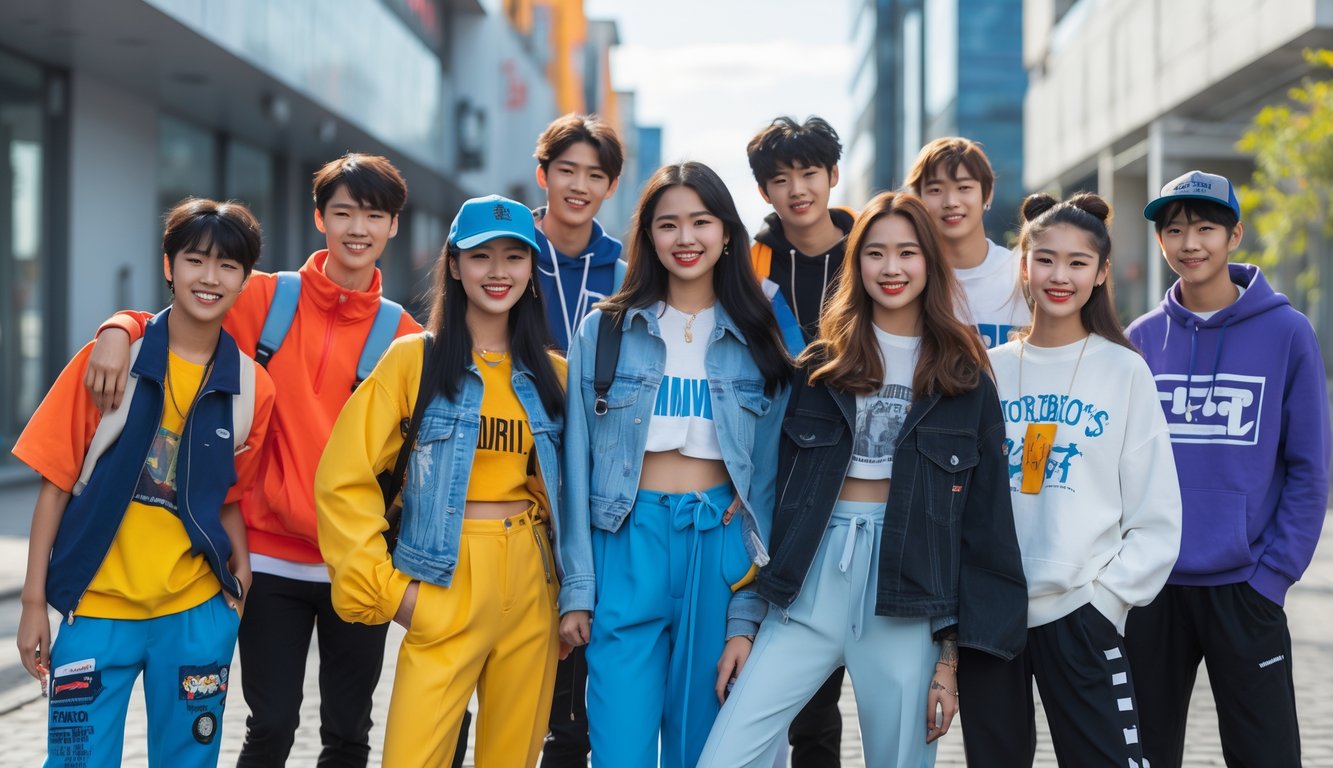Sekelompok anak muda mengenakan pakaian modis sedang berkumpul di lingkungan kota yang modern.