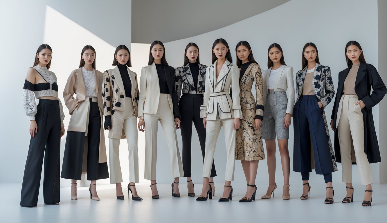 Sekelompok model berpakaian modis dan elegan sedang berpose di studio dengan latar belakang bersih.