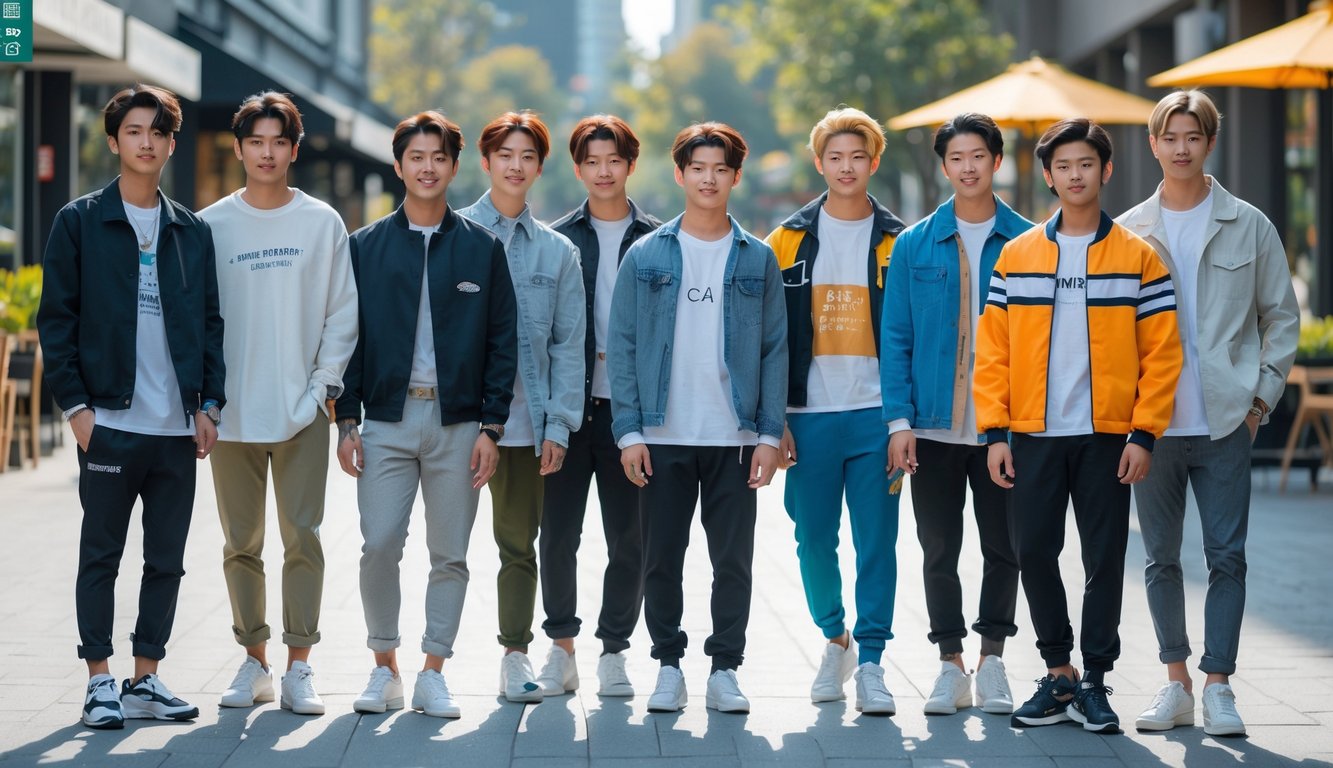 Sepuluh pria muda berdiri di luar ruangan dengan pakaian kasual yang berbeda-beda di latar perkotaan.