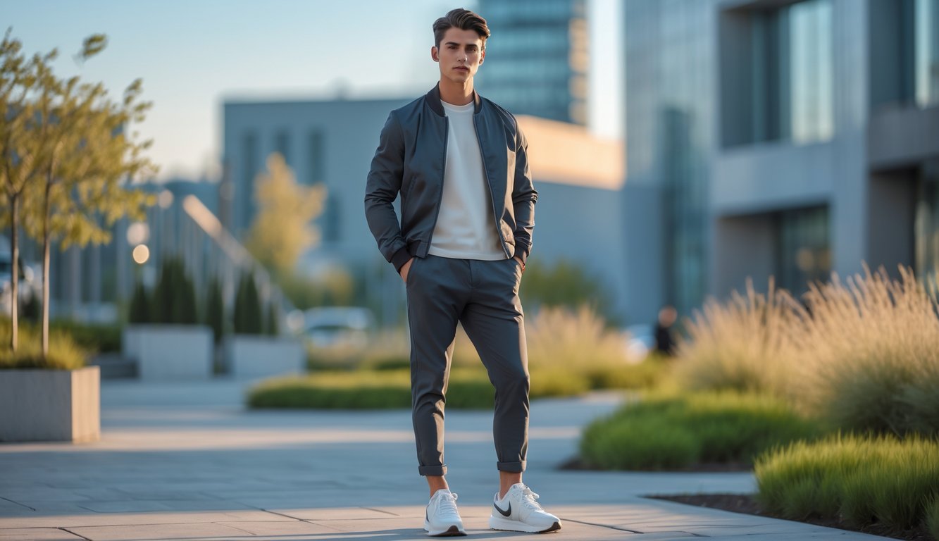 Seorang pria muda berdiri di luar ruangan dengan pakaian kasual modern di latar belakang kota.