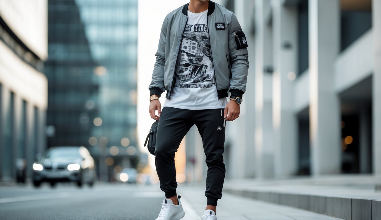 Seorang pria muda berdiri di jalan kota dengan pakaian kasual modern yang stylish.