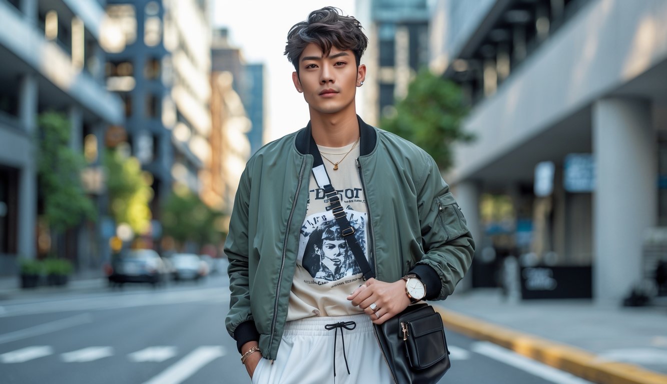 Seorang pria muda berdiri di jalan kota dengan pakaian kasual modern, mengenakan jaket, kaos, celana jogger, dan sepatu putih.