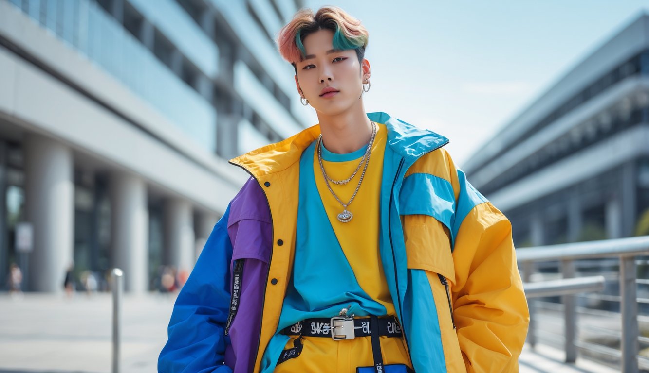 Seorang pria muda berdiri di latar perkotaan mengenakan pakaian modis dengan jaket oversized, celana ramping, dan aksesoris, menampilkan gaya fashion pria tahun 2026.