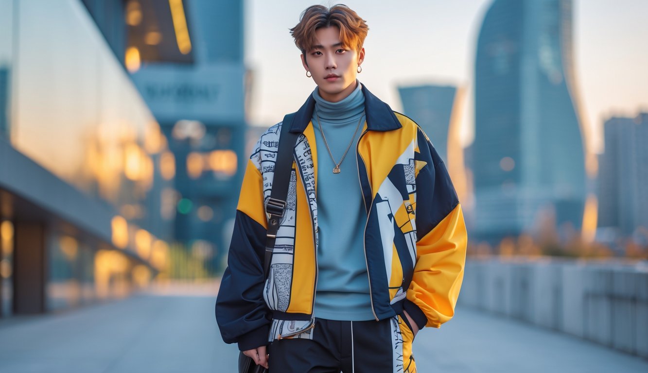 Seorang pria muda berdiri di latar kota modern mengenakan pakaian modis dengan jaket oversized, celana ramping, dan sepatu sneakers, tampak percaya diri.