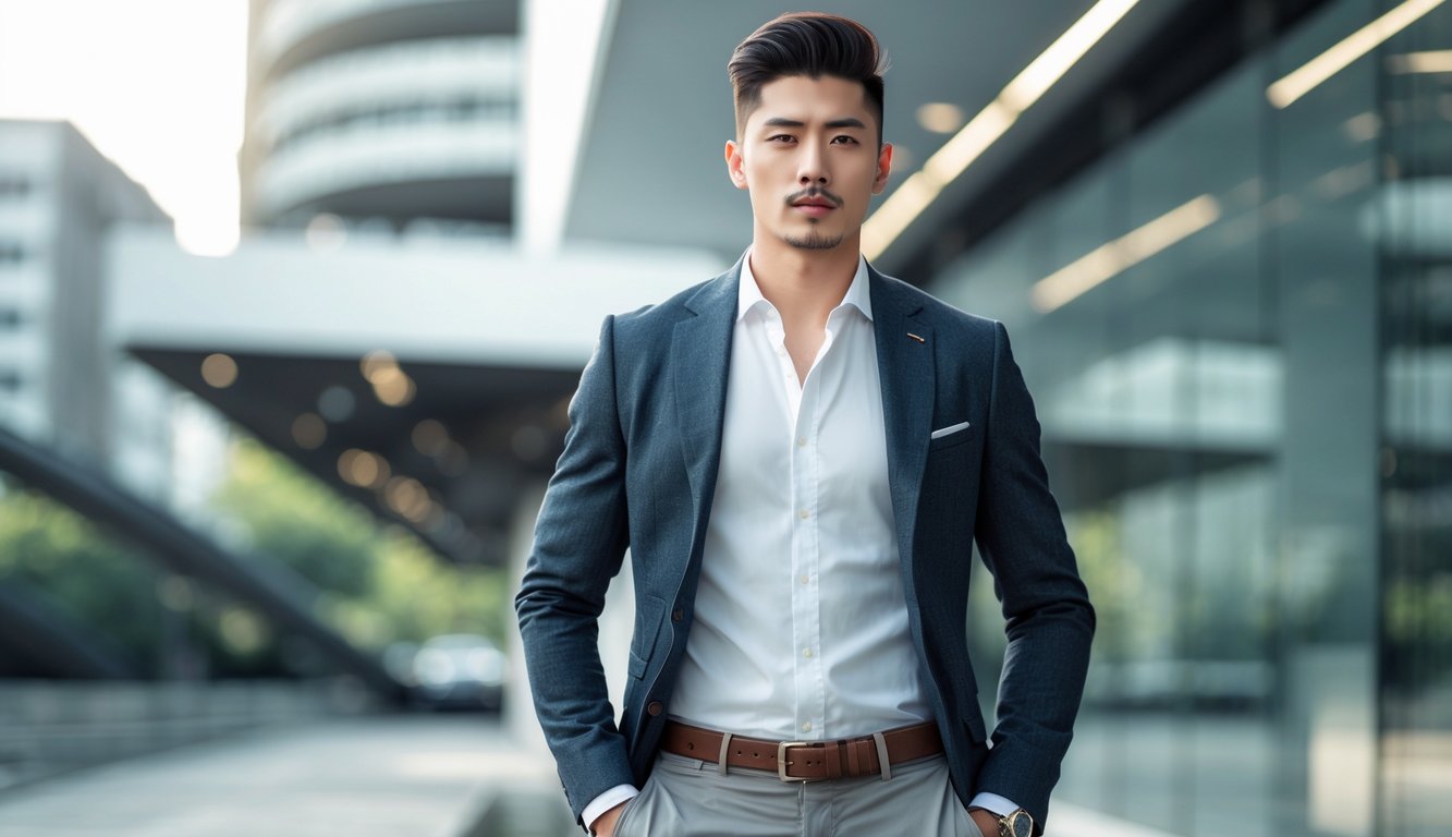 Seorang pria berdiri di depan bangunan modern dengan pakaian yang rapi dan nyaman.