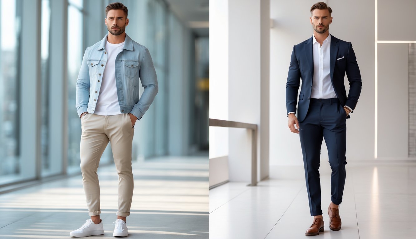 Dua pria berdiri berdampingan mengenakan pakaian kasual dan formal di latar belakang perkotaan dan dalam ruangan.