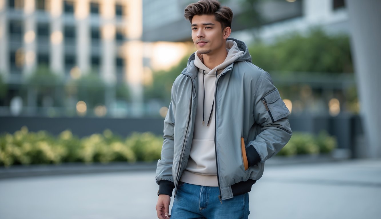 Seorang pria muda berdiri di kota mengenakan jaket, hoodie, dan sepatu sneakers yang modis.
