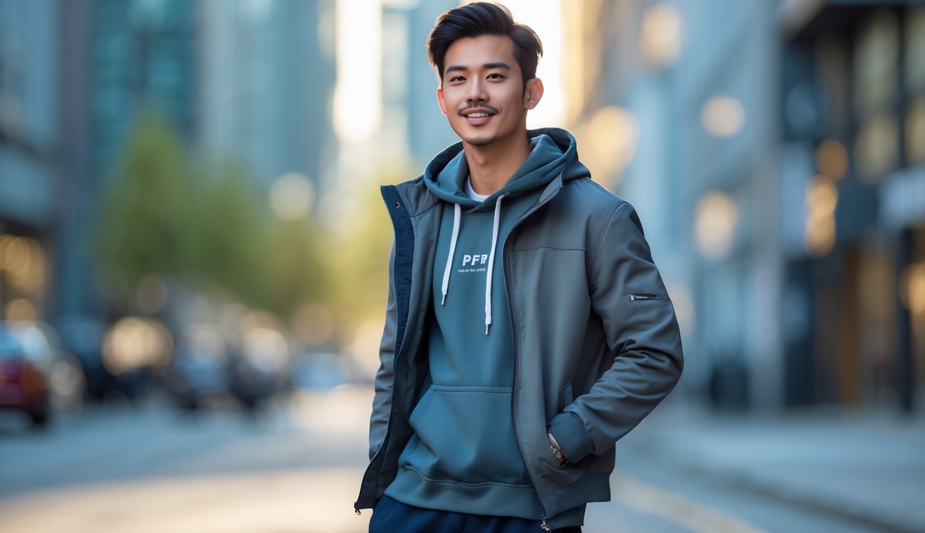 Seorang pria muda mengenakan jaket, hoodie, dan sneakers berdiri di jalan kota dengan latar belakang bangunan.