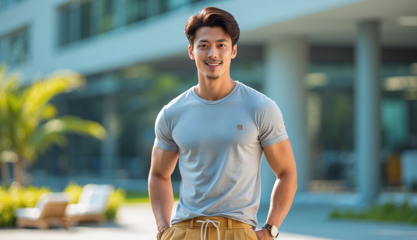 Seorang pria muda berdiri di luar ruangan memakai kaos, celana pendek, dan sandal di bawah sinar matahari.