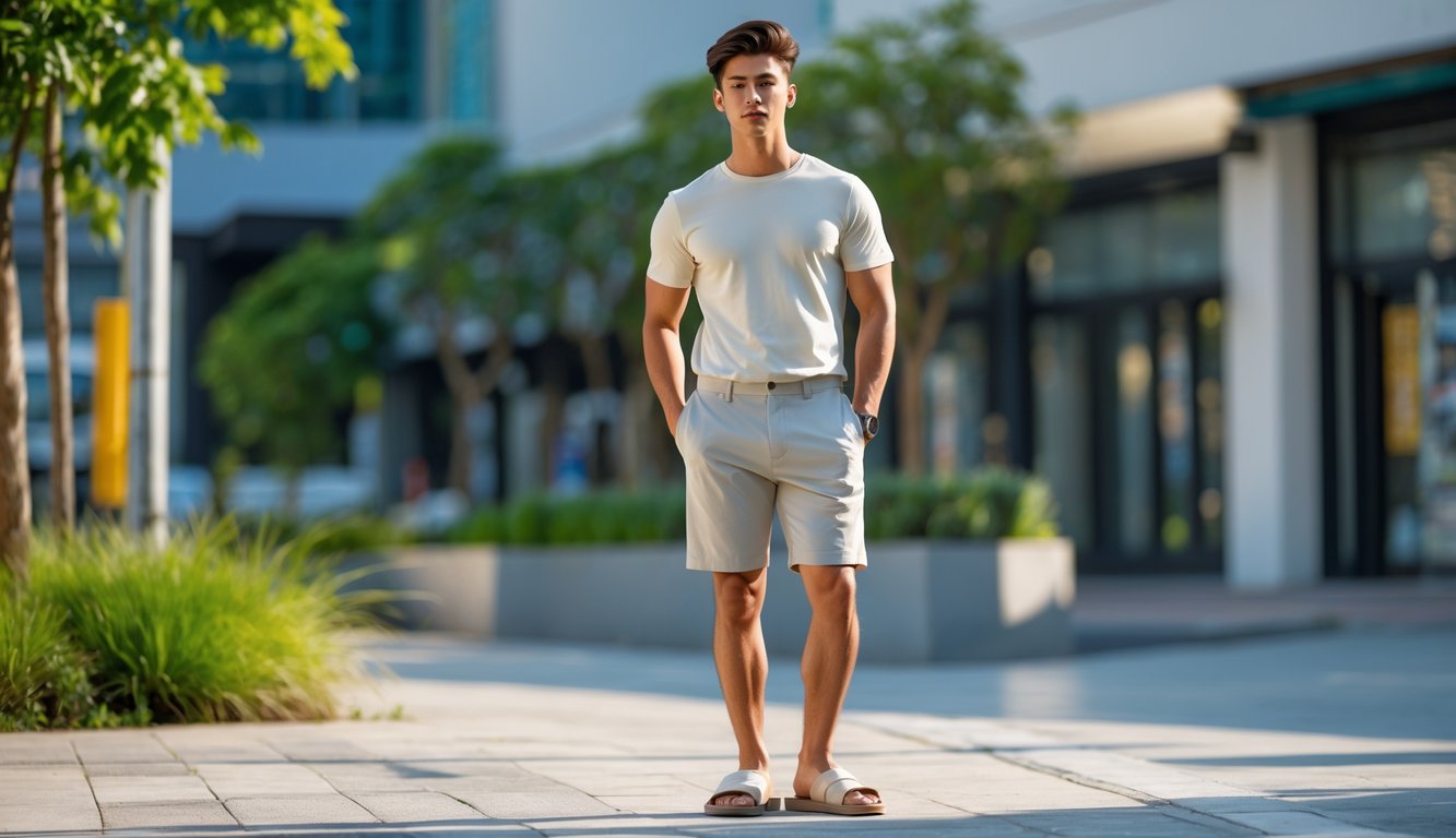 Seorang pria muda berdiri di luar ruangan mengenakan kaos, celana pendek, dan sandal di hari yang cerah.