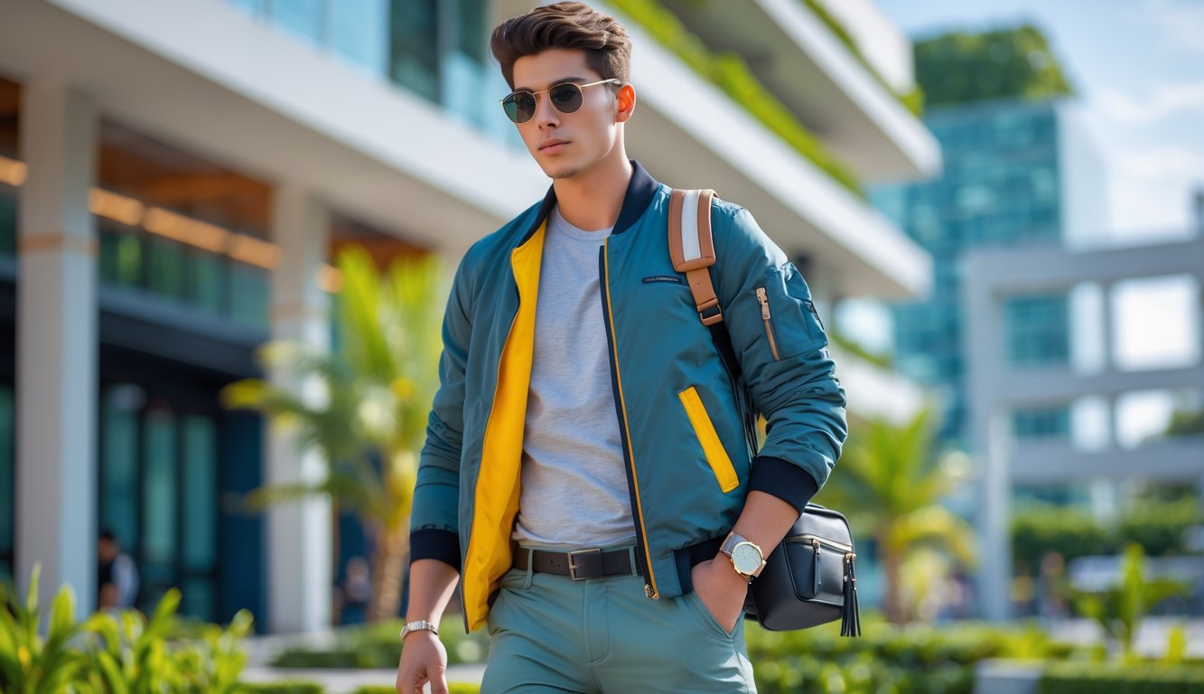 Seorang pria muda berdiri di luar ruangan dengan pakaian kasual dan gaya modern, latar belakang kota dan tanaman hijau.