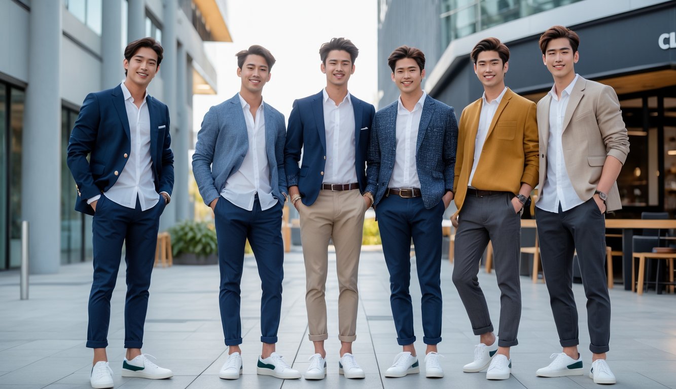 Lima pria muda berdiri bersama mengenakan pakaian modis yang cocok untuk kantor dan hangout, di latar belakang gedung kantor modern dan kafe luar ruangan.