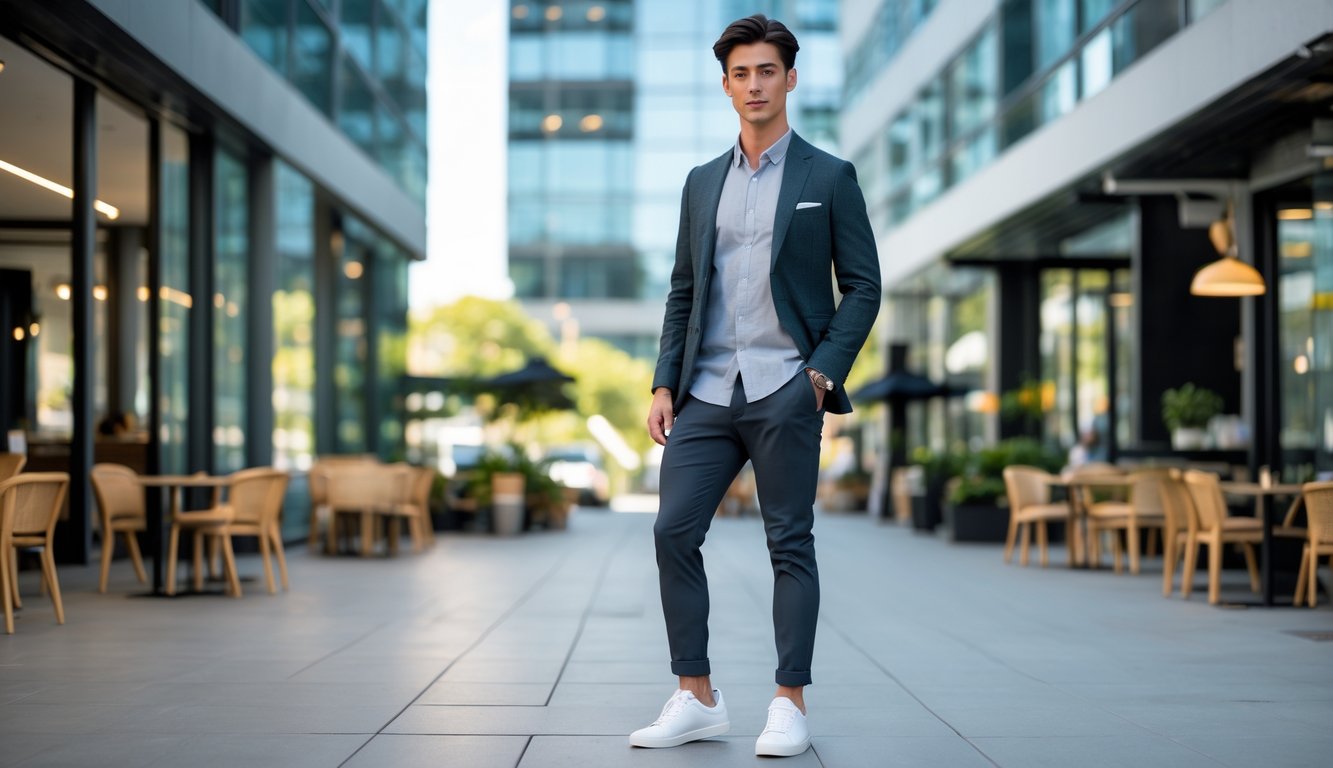 Seorang pria muda berdiri di lingkungan perkotaan dengan pakaian modis yang cocok untuk kantor dan hangout bersama teman.