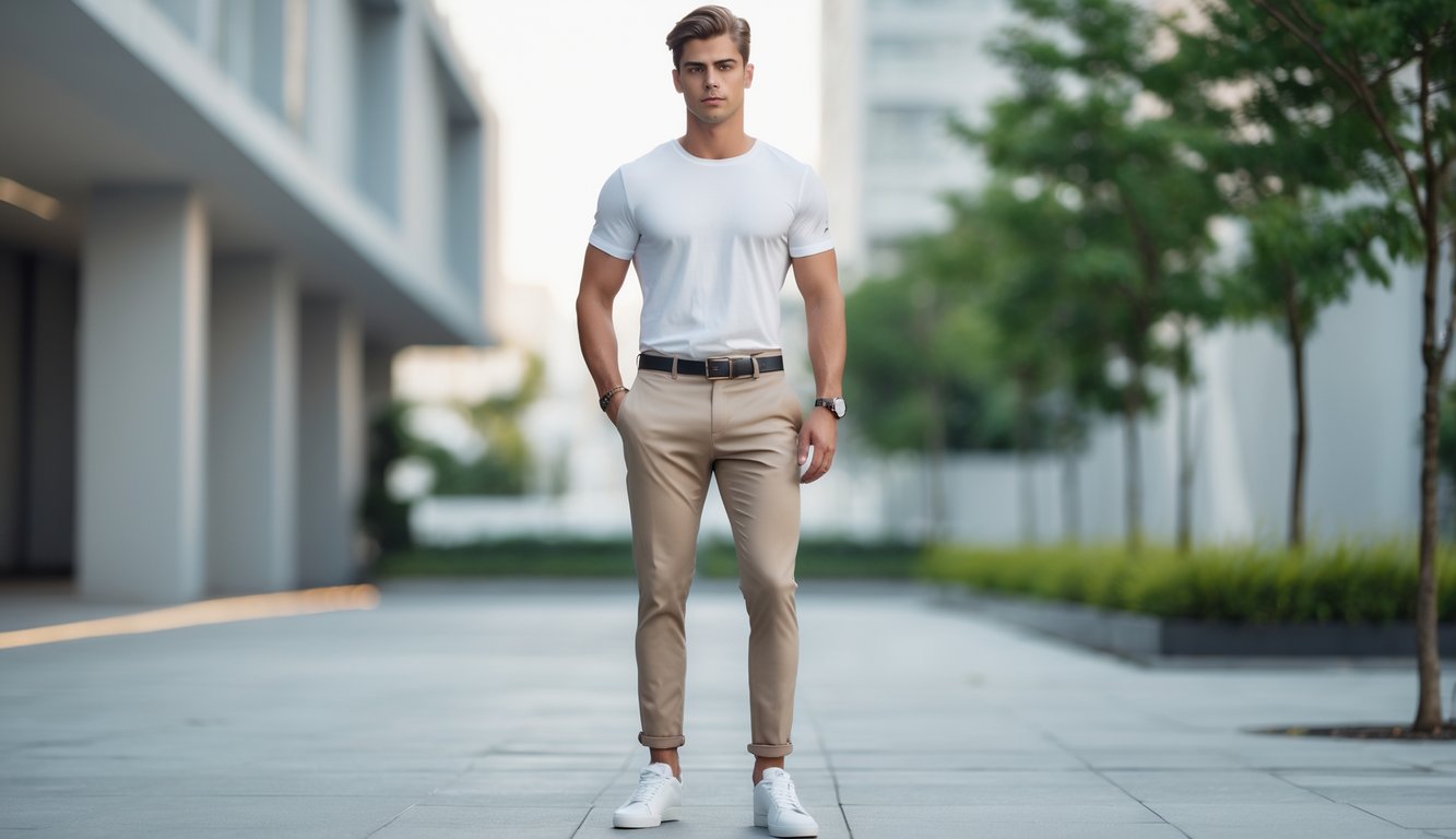 Seorang pria muda berdiri di lingkungan perkotaan mengenakan pakaian kasual sederhana dengan latar belakang arsitektur modern dan tanaman hijau.