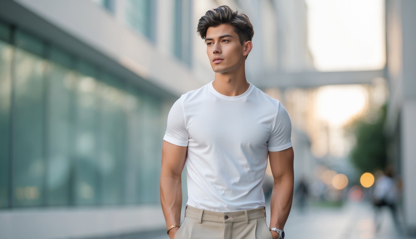 Seorang pria muda berdiri di luar ruangan dengan pakaian sederhana dan rapi, latar belakang berupa jalan kota dengan bangunan modern.