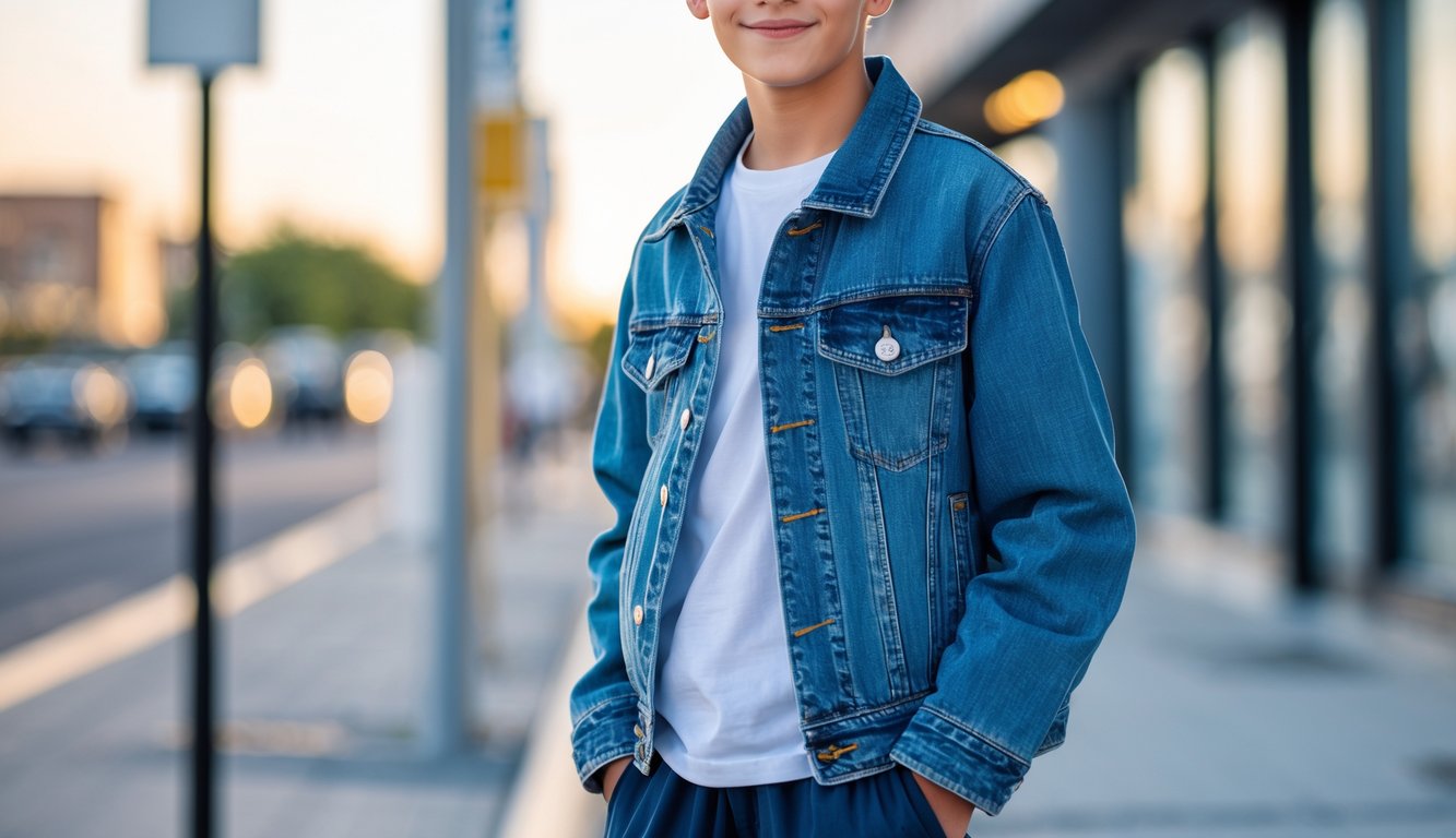 Seorang remaja laki-laki berdiri di trotoar kota mengenakan jaket denim, kaos putih, dan sepatu sneakers.