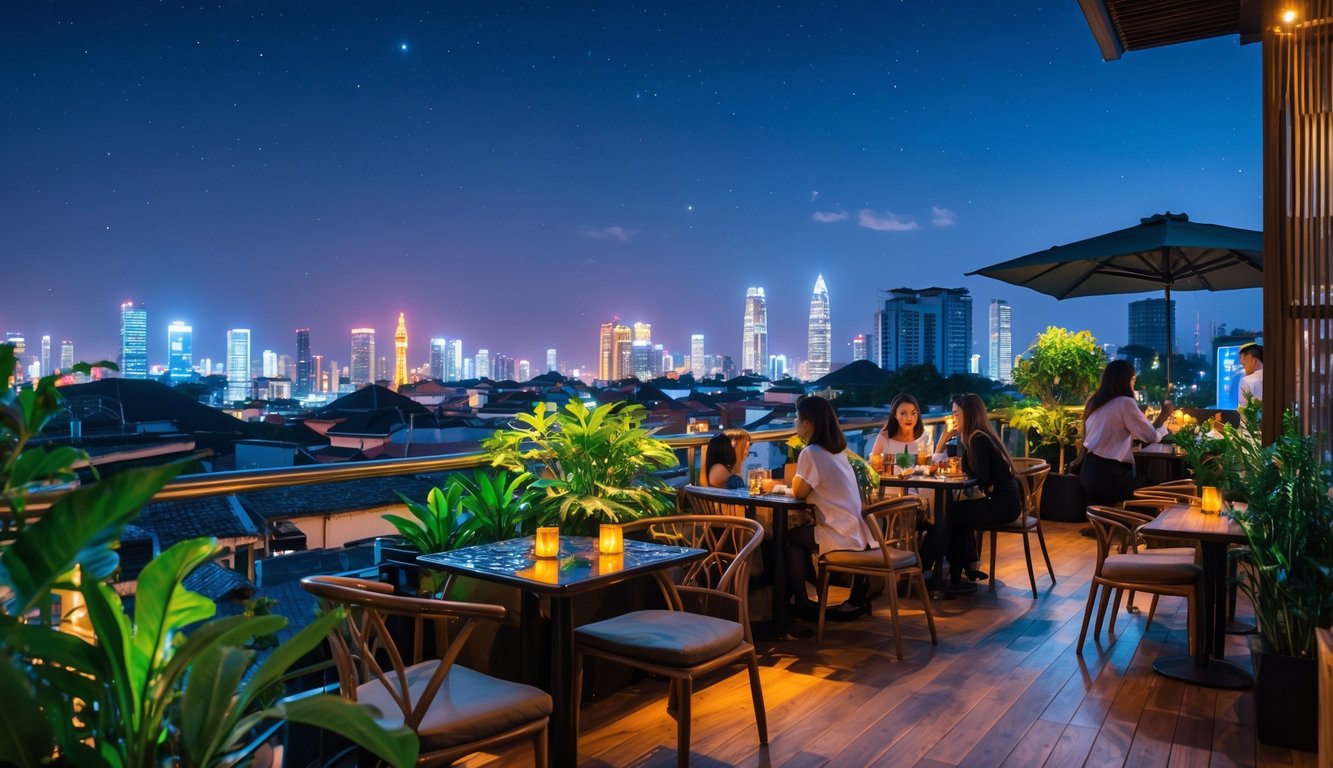 Pemandangan malam kota dari teras kafe dengan lampu hangat dan orang-orang menikmati suasana santai.