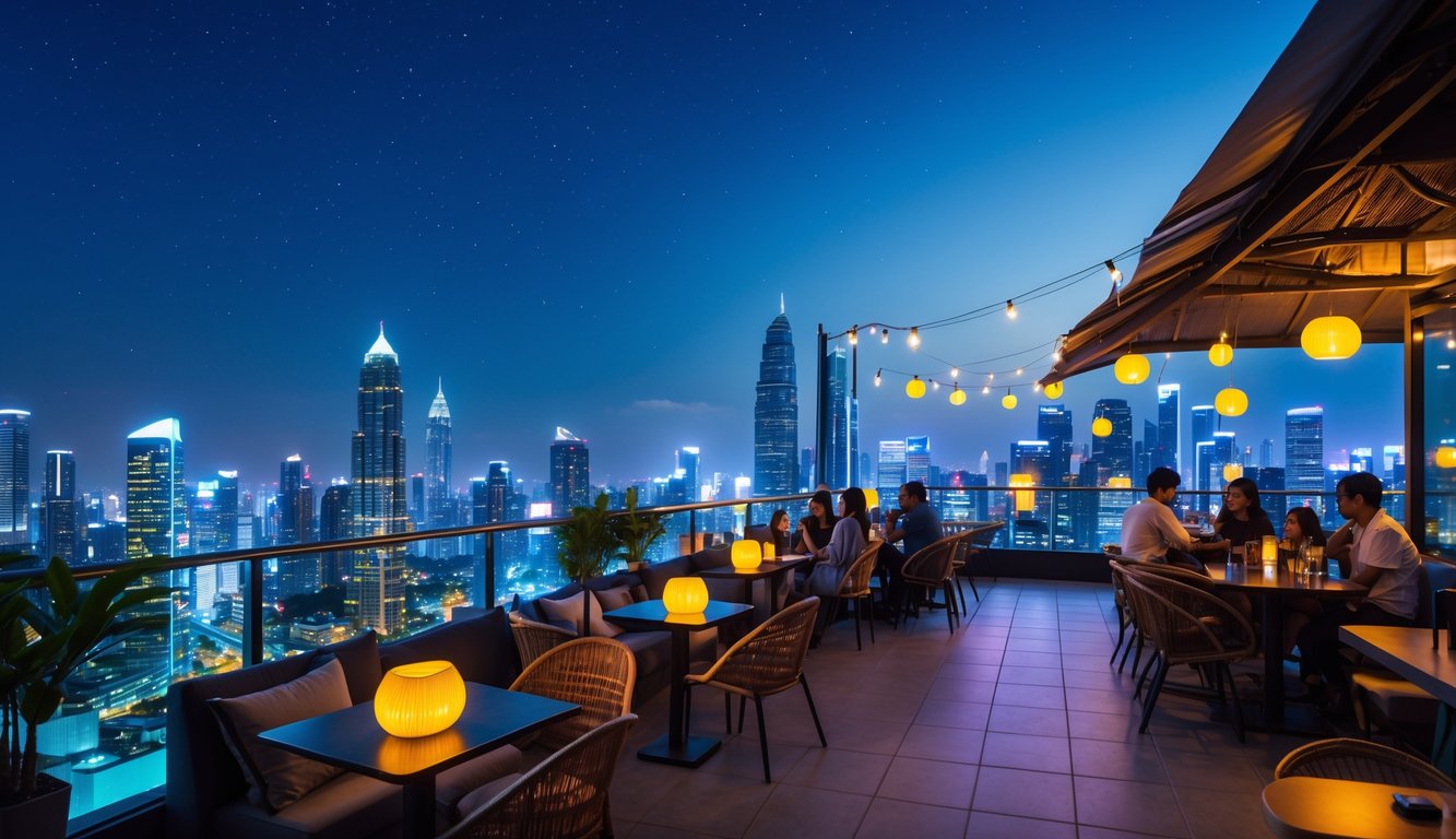 Pemandangan kota malam dari kafe atap dengan orang-orang duduk menikmati minuman dan lampu kota yang terang.