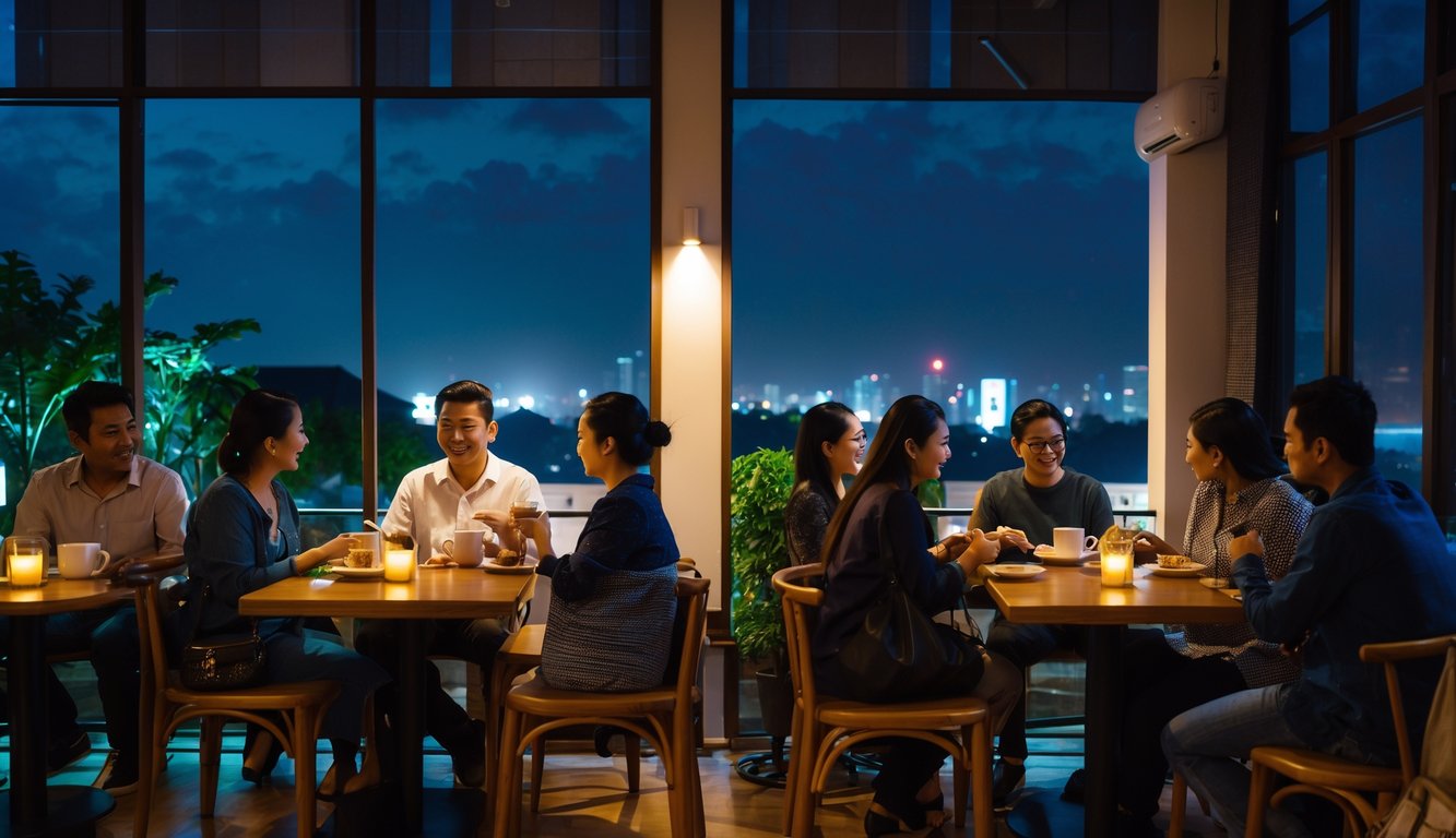 Suasana kafe malam yang nyaman dengan orang-orang sedang menikmati kopi dan berbincang di dalam ruangan yang hangat dan terang.