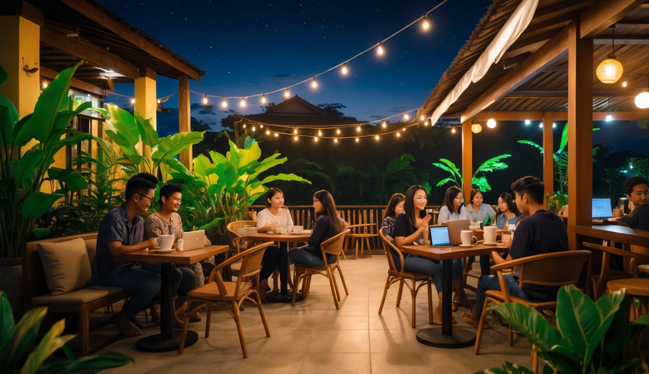 Suasana kafe malam yang nyaman dengan orang-orang menikmati kopi di teras yang dikelilingi tanaman tropis dan lampu gantung yang hangat.